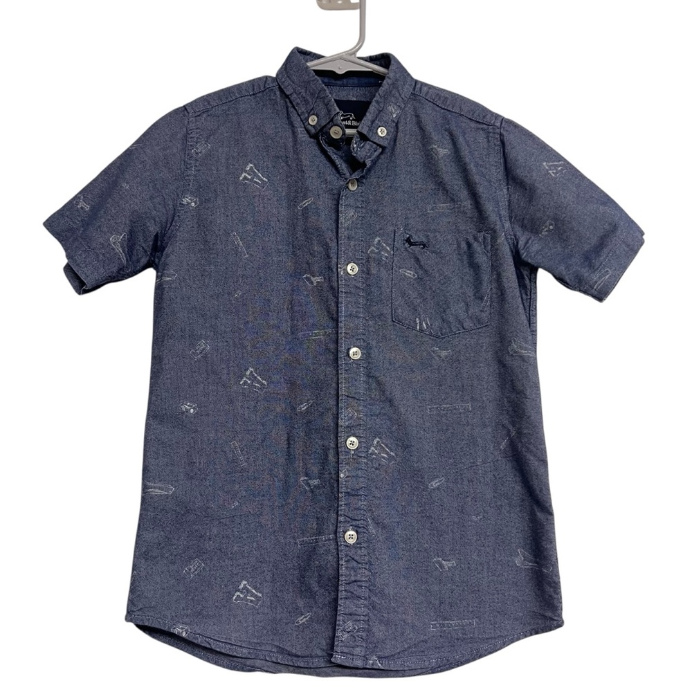 Boys Harmont & Blaine Navy Casual‎ Button Down Shirt School Print A Ruler